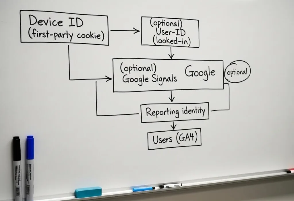 GA4 identification flow: device ID, optional User-ID and Google Signals, reporting identity