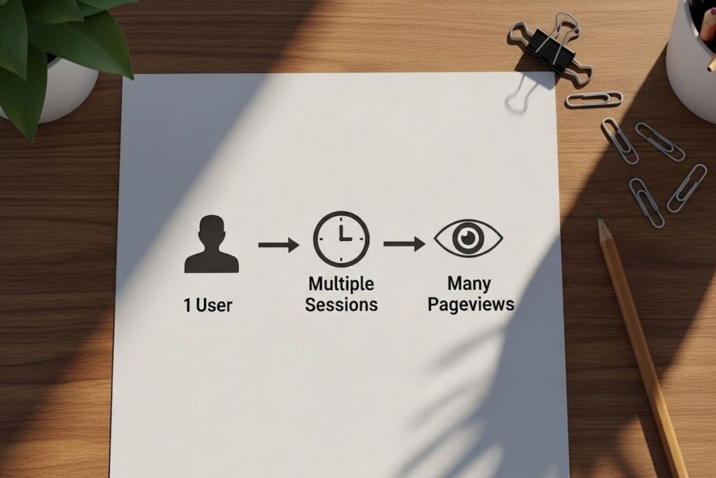 One user can have multiple sessions and many pageviews