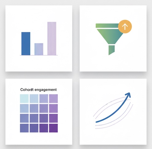 Metric cards showing observed vs modeled, incrementality, cohort heatmap, and forecast bands