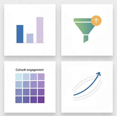 Metric cards showing observed vs modeled, incrementality, cohort heatmap, and forecast bands