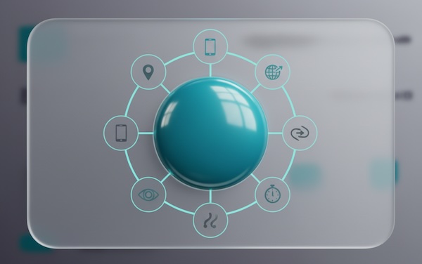 CTA button with floating attribute chips (placement, device, source, variant, visibility, timing) shown as icons