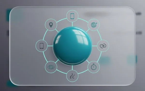 CTA button with floating attribute chips (placement, device, source, variant, visibility, timing) shown as icons