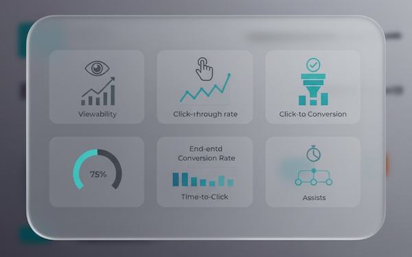 Compact dashboard cards visualizing viewability, CTR, click-to-conversion, end-to-end rate, time-to-click, and assists using icons and charts