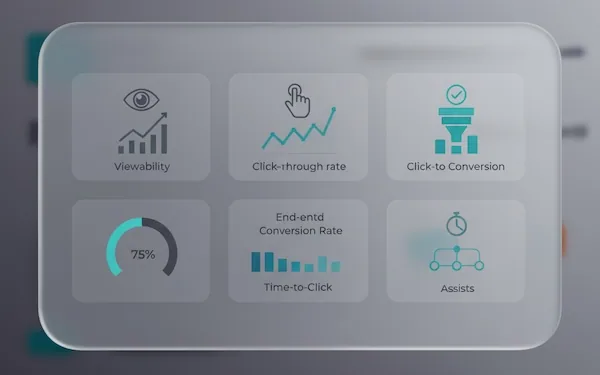 Compact dashboard cards visualizing viewability, CTR, click-to-conversion, end-to-end rate, time-to-click, and assists using icons and charts