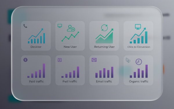 Small-multiple comparison tiles showing CTA performance across device, audience, and channel segments via icons.
