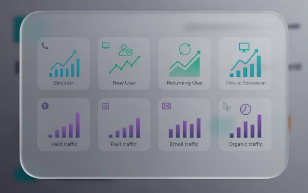 Small-multiple comparison tiles showing CTA performance across device, audience, and channel segments via icons.