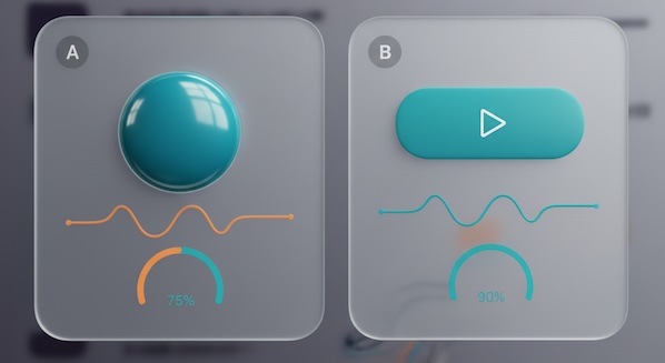 Side-by-side A/B CTA mockups with minimal performance gauges and sparklines