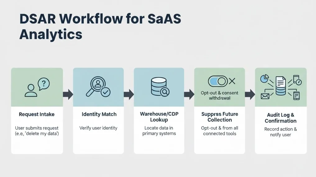 DSAR workflow: lookup, suppression, deletion cascade, and audit confirmation.