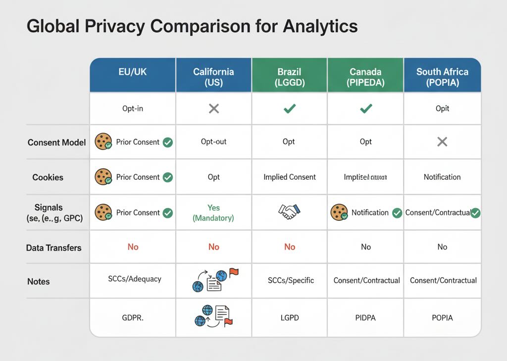 Regional privacy matrix comparing consent models and signals across jurisdictions