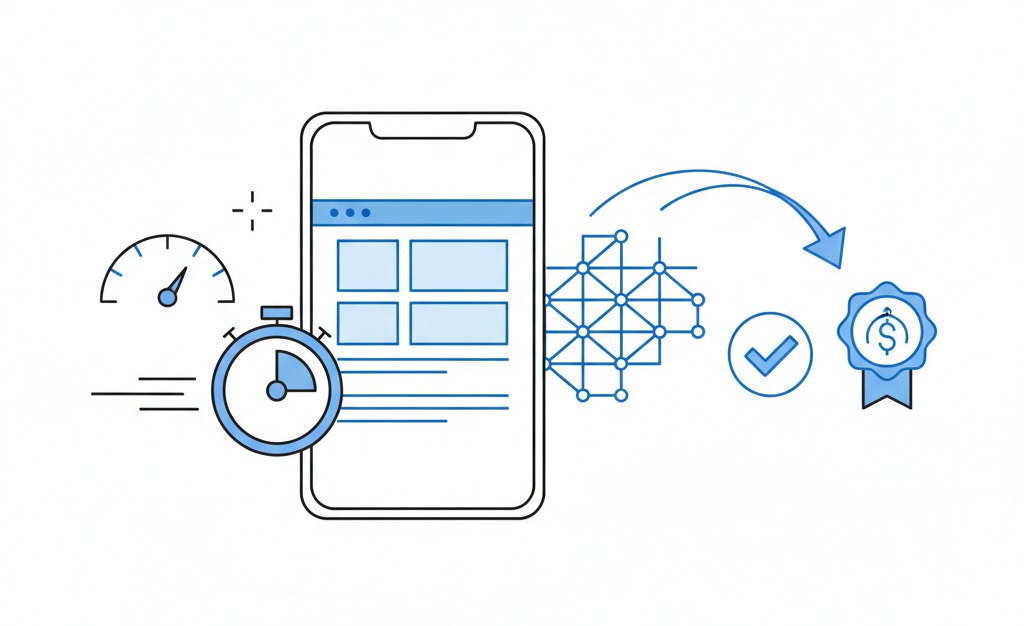 Mobile-first page with performance icons flowing into conversion and revenue