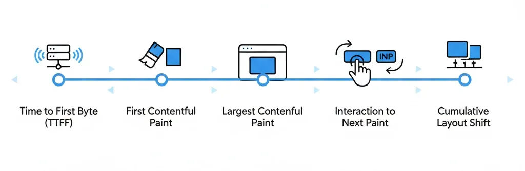 Timeline showing TTFB, FCP, LCP, INP, and CLS as simple pictograms