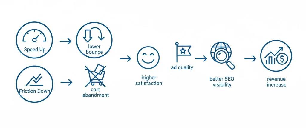 Flow from faster pages to lower friction, better marketing efficiency, and higher revenue.