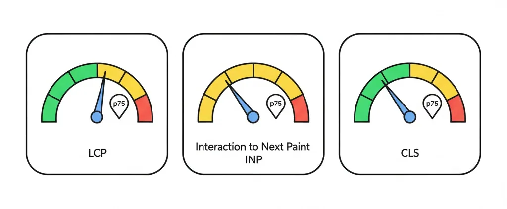 Three gauges for LCP, INP, and CLS showing threshold zones at the 75th percentile