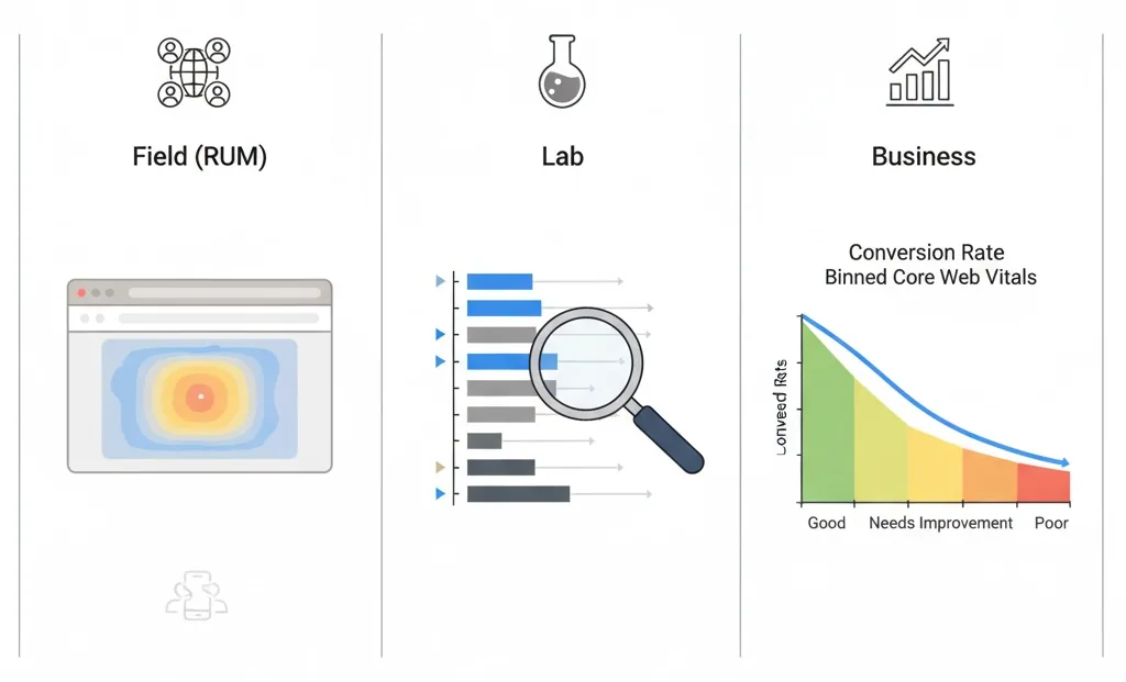 Three-column view comparing field data, lab tests, and a business conversion curve
