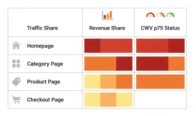 Heatmap prioritizing page templates by traffic, revenue, and CWV p75 status.