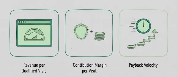 Icons for RPQV, margin per visit, and fast marketing payback