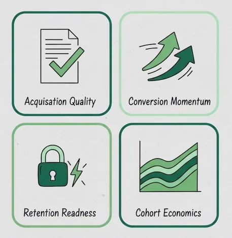 Four green-themed tiles for acquisition, conversion, retention, cohorts