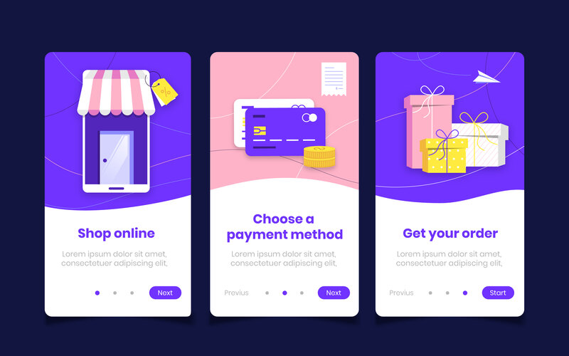 Ecommerce onboarding steps showing shop, payment, delivery