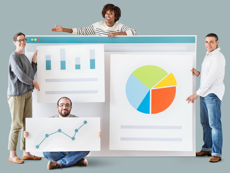 Team holding website dashboard charts and collaborating on analytics