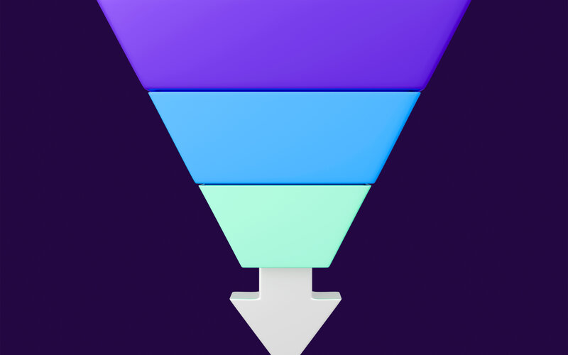 Purple and blue 3D sales funnel showing drop-off between stages