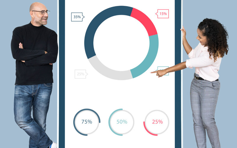 Sales dashboard with line charts and funnel stages on tablet presentation