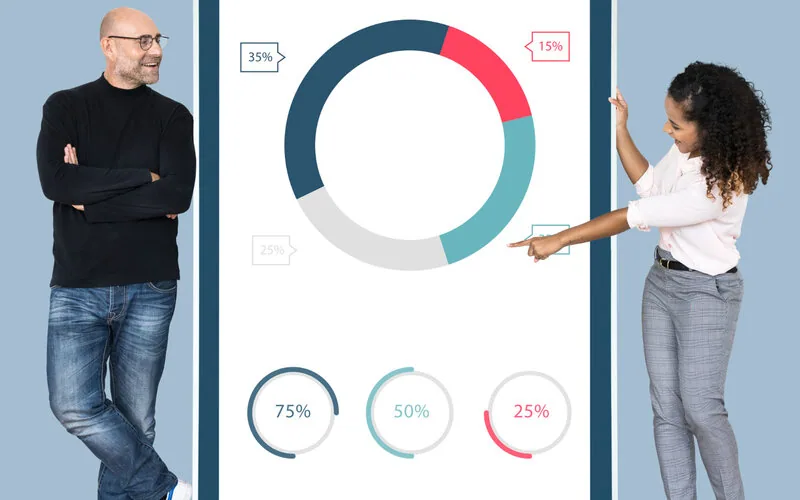 Sales dashboard with line charts and funnel stages on tablet presentation