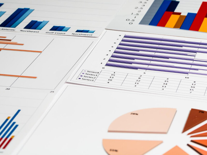 Regional sales charts and revenue reports with pie and bar graphs on desk