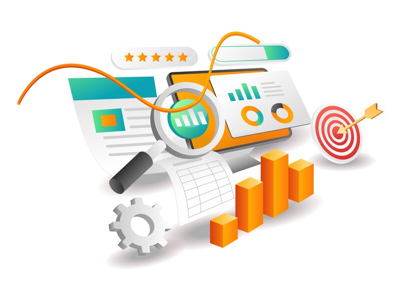 Investment data and analytics illustration with search magnifier