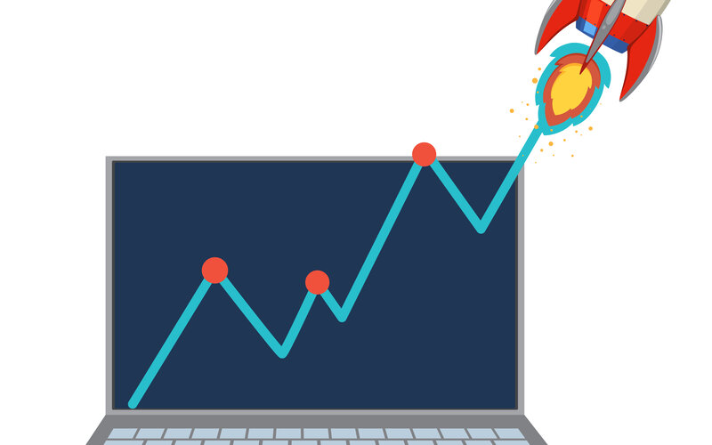 Rocket growth chart illustration on laptop for startup reporting