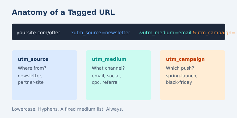 Anatomy of a tagged UTM campaign URL broken into its parts